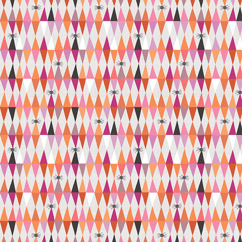 Colorful harlequin diamond fabric with tiny spiders scattered throughout.