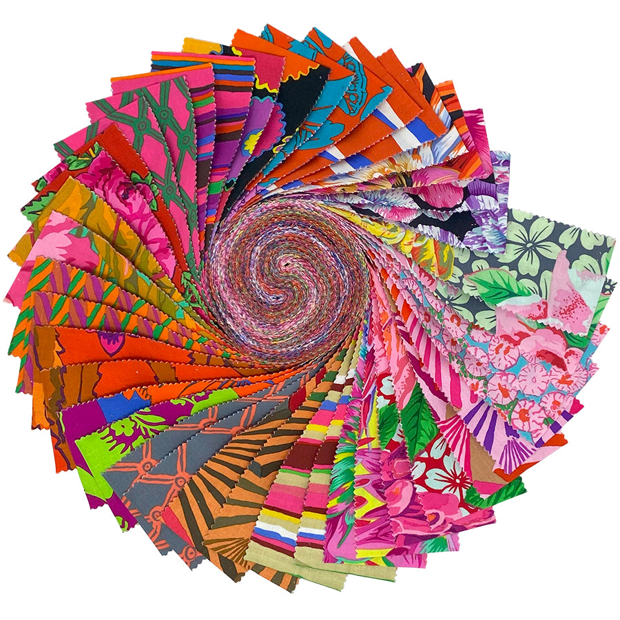 Kaffe Fassett Collective February 2026 Warm design roll with 40 precut 2.5 inch quilting fabric strips in red orange and pink tones