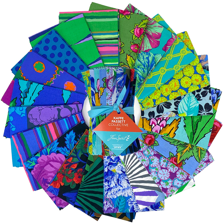 Kaffe Fassett Collective February 2026 Cool design roll with 20 precut 6 inch quilting fabric strips in blue green and purple tones