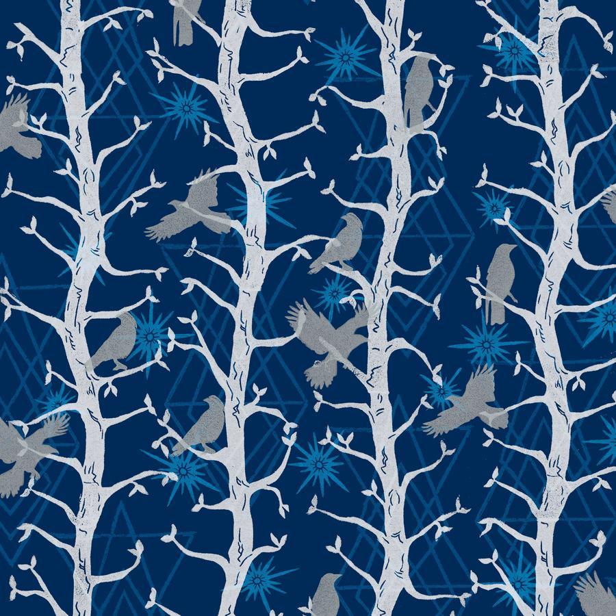 Valori Wells The Wisdom The Trees Indigo cotton quilting fabric with white tree silhouettes and birds