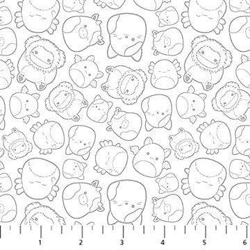Outline Squishmallows characters tossed on a white background, black line art style.