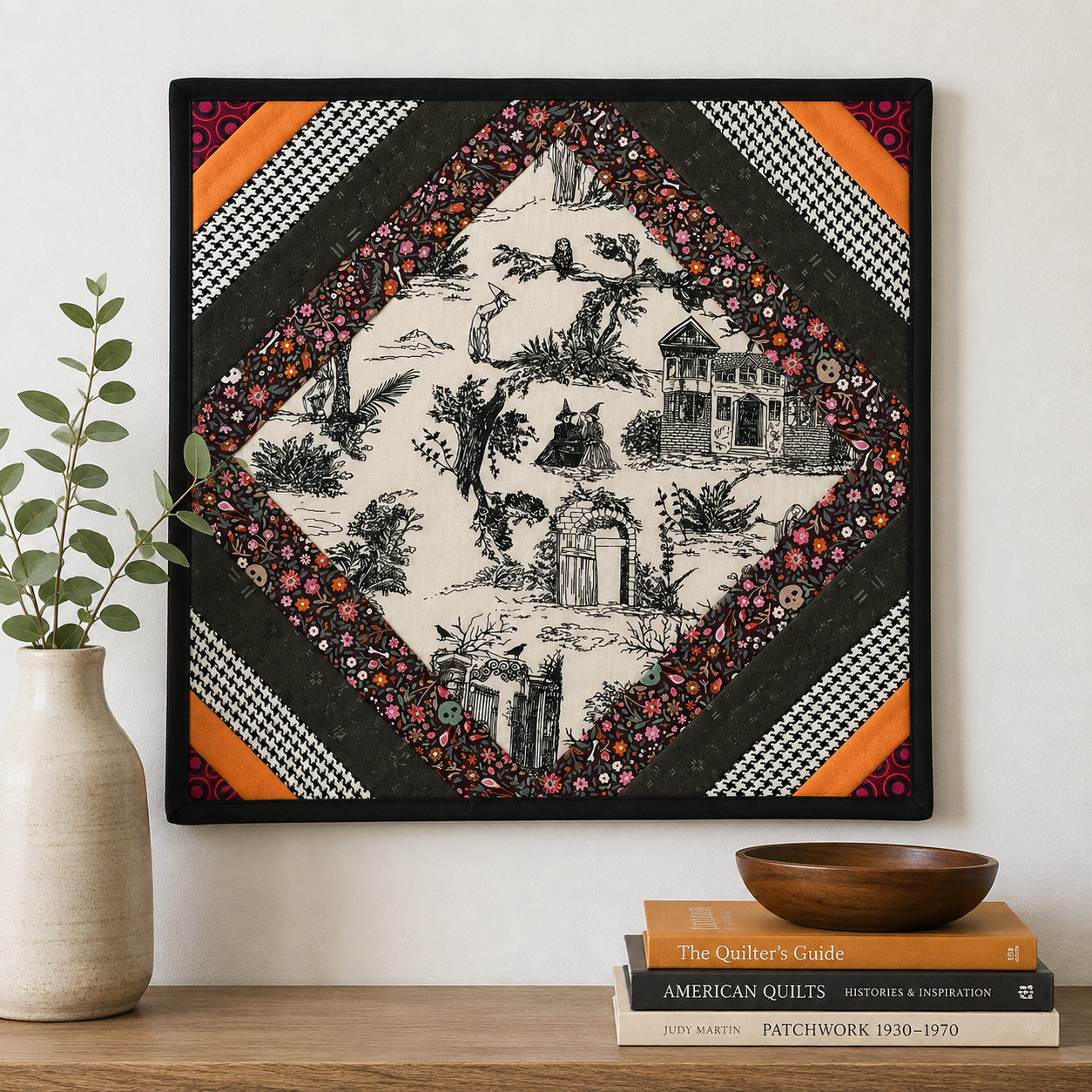 Halloween Toile Interchangeable Quilted Wall Art β Black, Pink & Orange