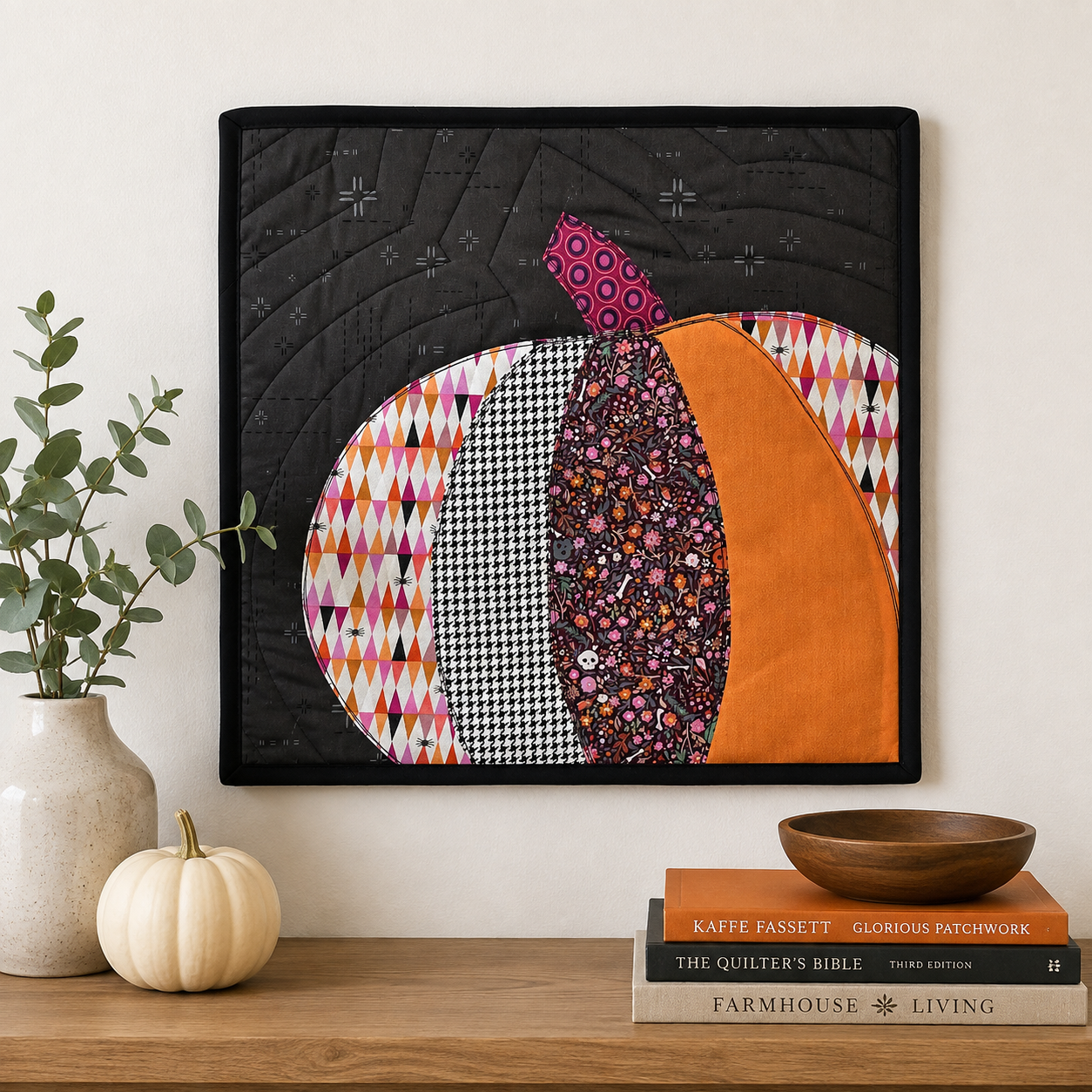 Patchwork Pumpkin Interchangeable Quilted Wall Art β Black, Pink & Orange