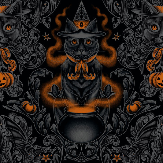 Rachel Hauer Storybook Halloween Free Spirit Fabrics Black Cat Damask PWRH059.Black - Sew Much