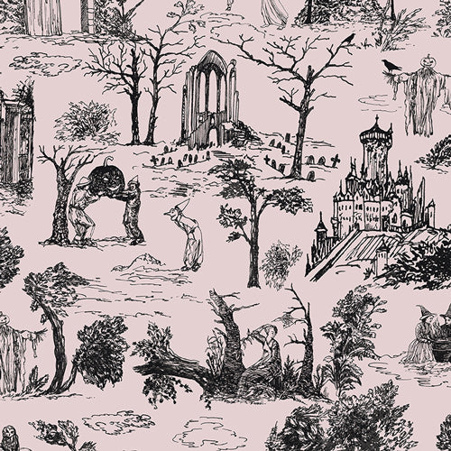 Halloween toile fabric with witches, ghosts, and pumpkins on a moonpetal background.
