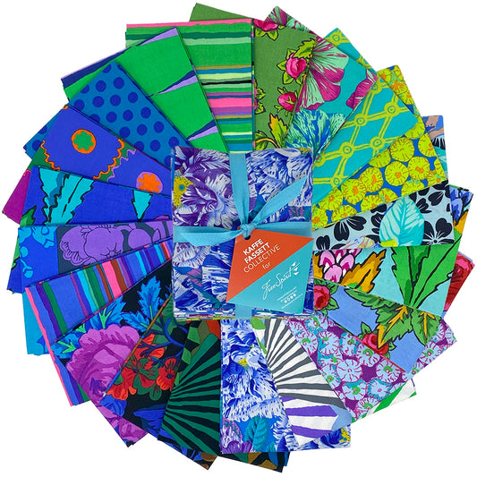 Kaffe Fassett Collective February 2026 Cool Fat Quarter Bundle – 20 piece quilting fabric bundle in blue, green, and purple tones