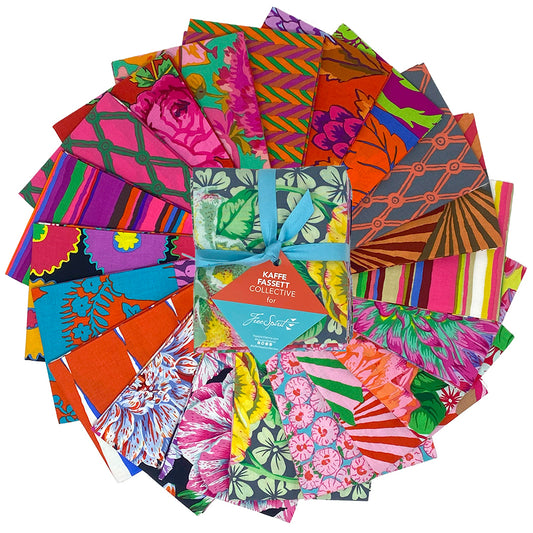 Kaffe Fassett Collective February 2026 Warm Fat Quarter Bundle with 20 quilting cotton fabrics in red, pink, orange, and warm tones
