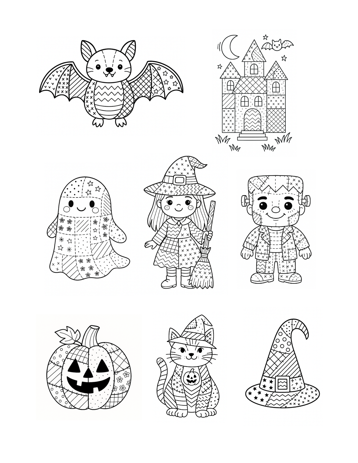 Halloween Patchwork Coloring Pages – Printable Halloween Activity for Kids & Adults (8 Pages)