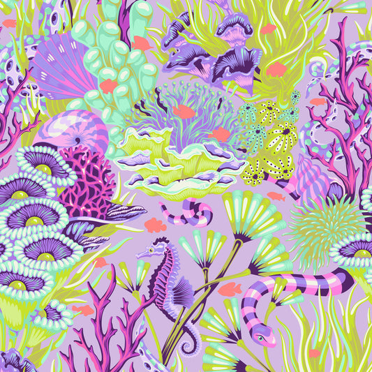 Tula Pink Reef What You Sew Ultraviolet quilting fabric with coral reef and seahorses in cotton fabric