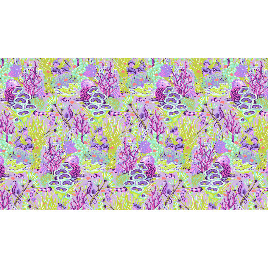 Tula Pink Reef What You Sew Ultraviolet quilting fabric with coral reef and seahorses in cotton fabric