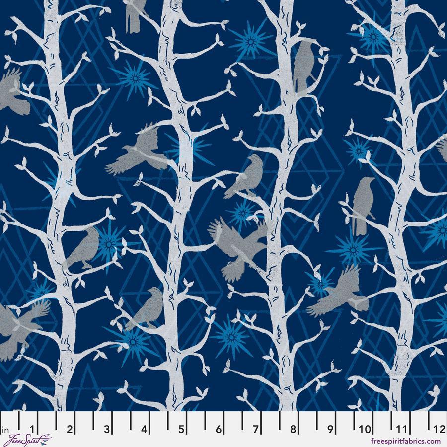 Valori Wells The Wisdom The Trees Indigo cotton quilting fabric with white tree silhouettes and birds