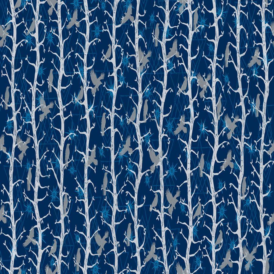 Valori Wells The Wisdom The Trees Indigo cotton quilting fabric with white tree silhouettes and birds