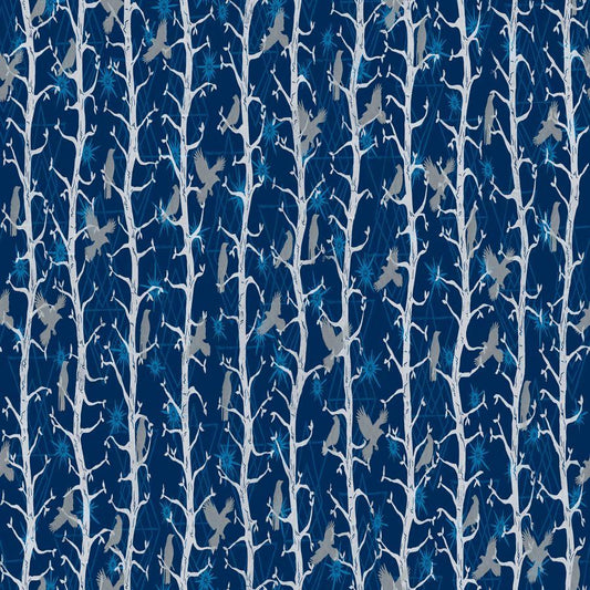Valori Wells The Wisdom The Trees Indigo cotton quilting fabric with white tree silhouettes and birds