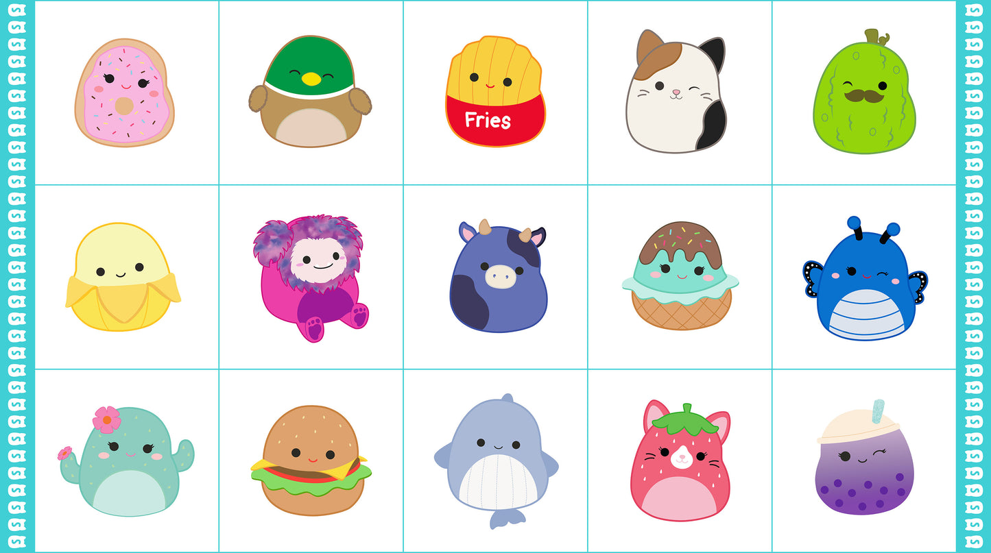 Squishmallows character panel on white background, arranged in a grid.