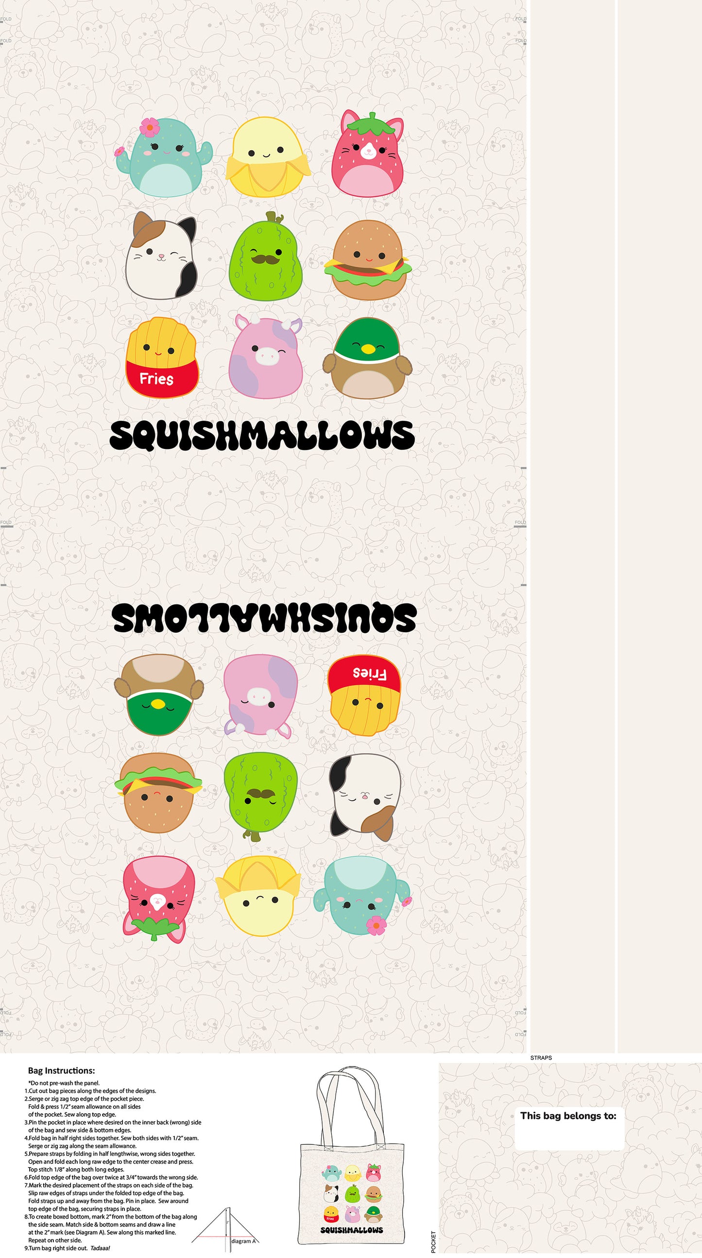 Squishmallows tote bag panel with printed pieces and instructions on canvas.