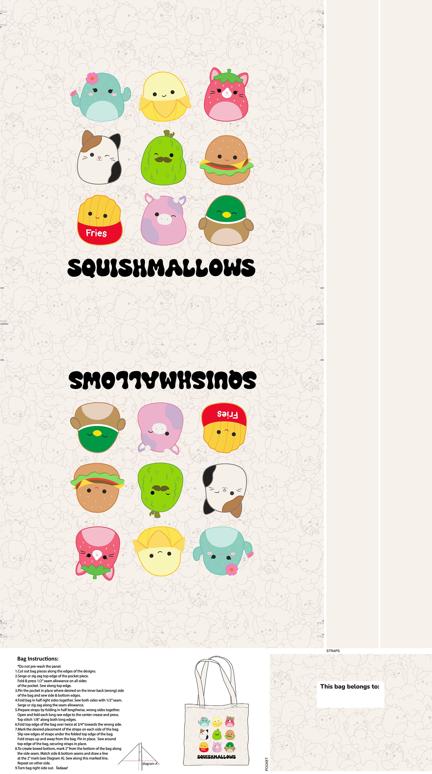 Squishmallows tote bag panel with printed pieces and instructions on canvas.