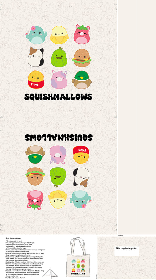 Squishmallows tote bag panel with printed pieces and instructions on canvas.