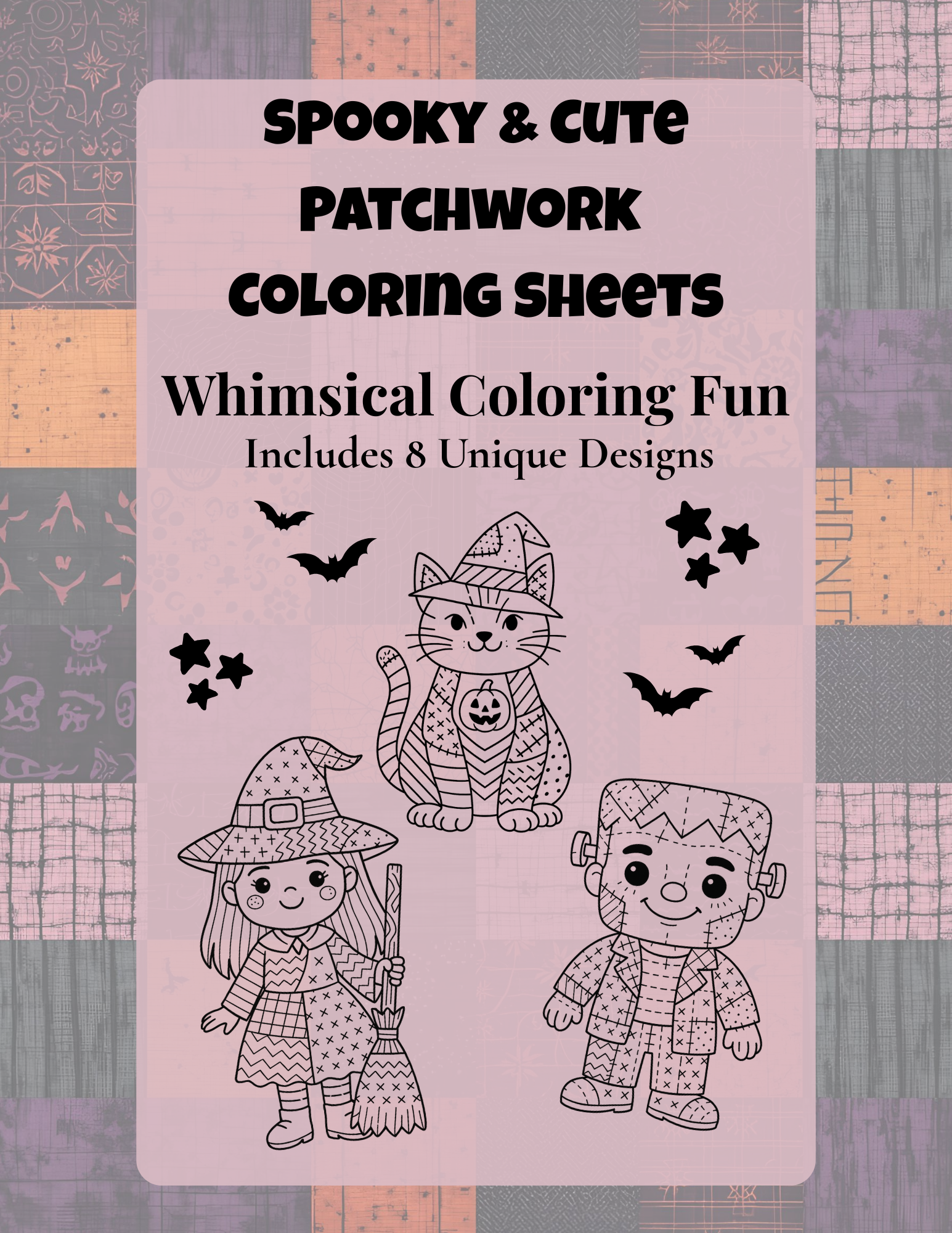 Halloween Patchwork Coloring Pages – Printable Halloween Activity for Kids & Adults (8 Pages) - Sew Much