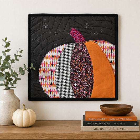 Patchwork Pumpkin Interchangeable Quilted Wall Art – Black, Pink & Orange