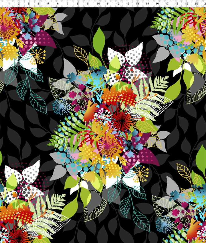In The Beginning Fabrics – Jason Yenter Unusual Garden 1UG1 Multi on Black | End of Bolt (2 Yards) - Sew Much