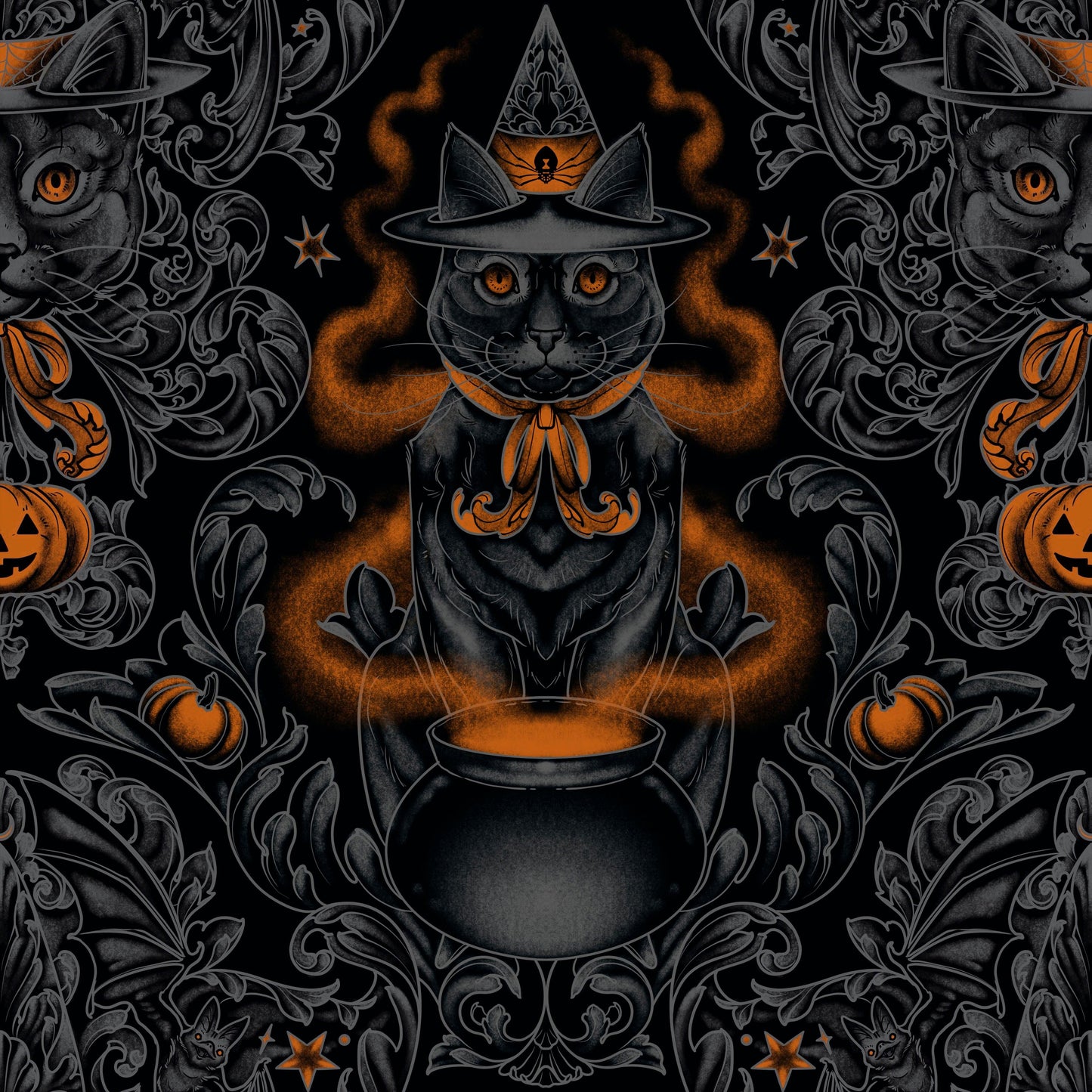 Rachel Hauer Storybook Halloween Free Spirit Fabrics Black Cat Damask PWRH059.Black - Sew Much