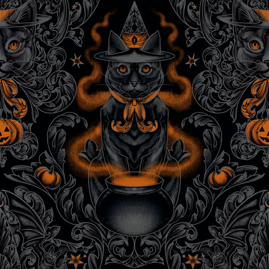 Rachel Hauer Storybook Halloween Free Spirit Fabrics Black Cat Damask PWRH059.Black - Sew Much