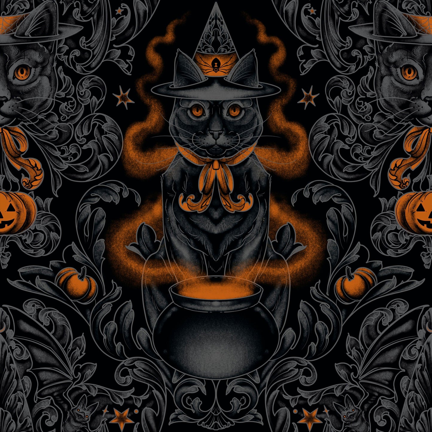 Rachel Hauer Storybook Halloween Free Spirit Fabrics Black Cat Damask PWRH059.Black - Sew Much