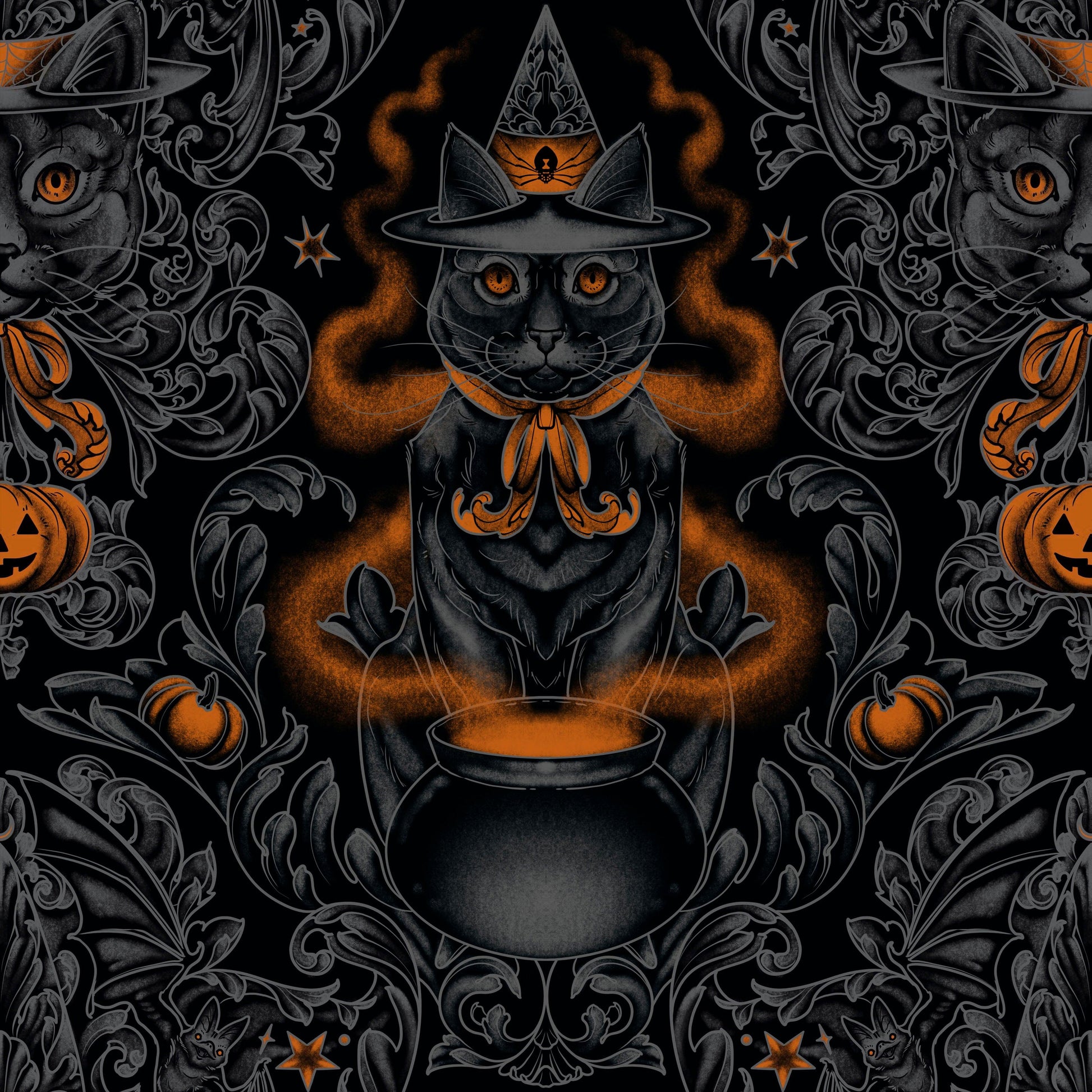 Rachel Hauer Storybook Halloween Free Spirit Fabrics Black Cat Damask PWRH059.Black - Sew Much