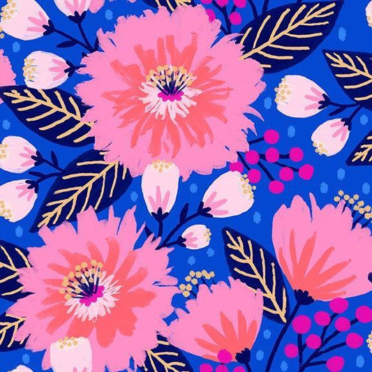 Vibrant Blooms Dahlia Party Blue by Jess Phoenix and Paintbrush Studio Fabrics - Sew Much
