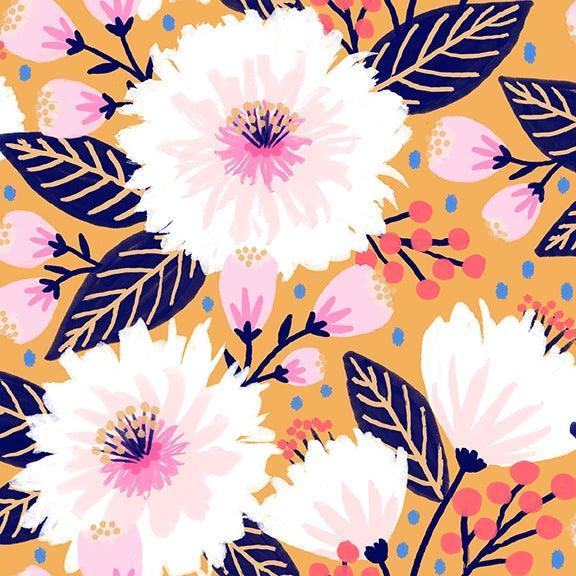 Vibrant Blooms Dahlia Party Gold by Teresa Chan and Paintrbrush Studio Fabrics - Sew Much